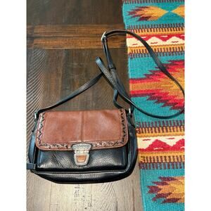 Brighton Leather Crossbody Bag Black & Brown Whipstitch Flap